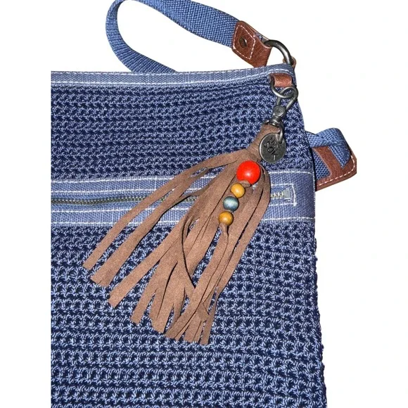 The Sak Crossbody Navy Blue Crochet Tassel Charm Zipper Pocket Bag Purse - Picture 5 of 12